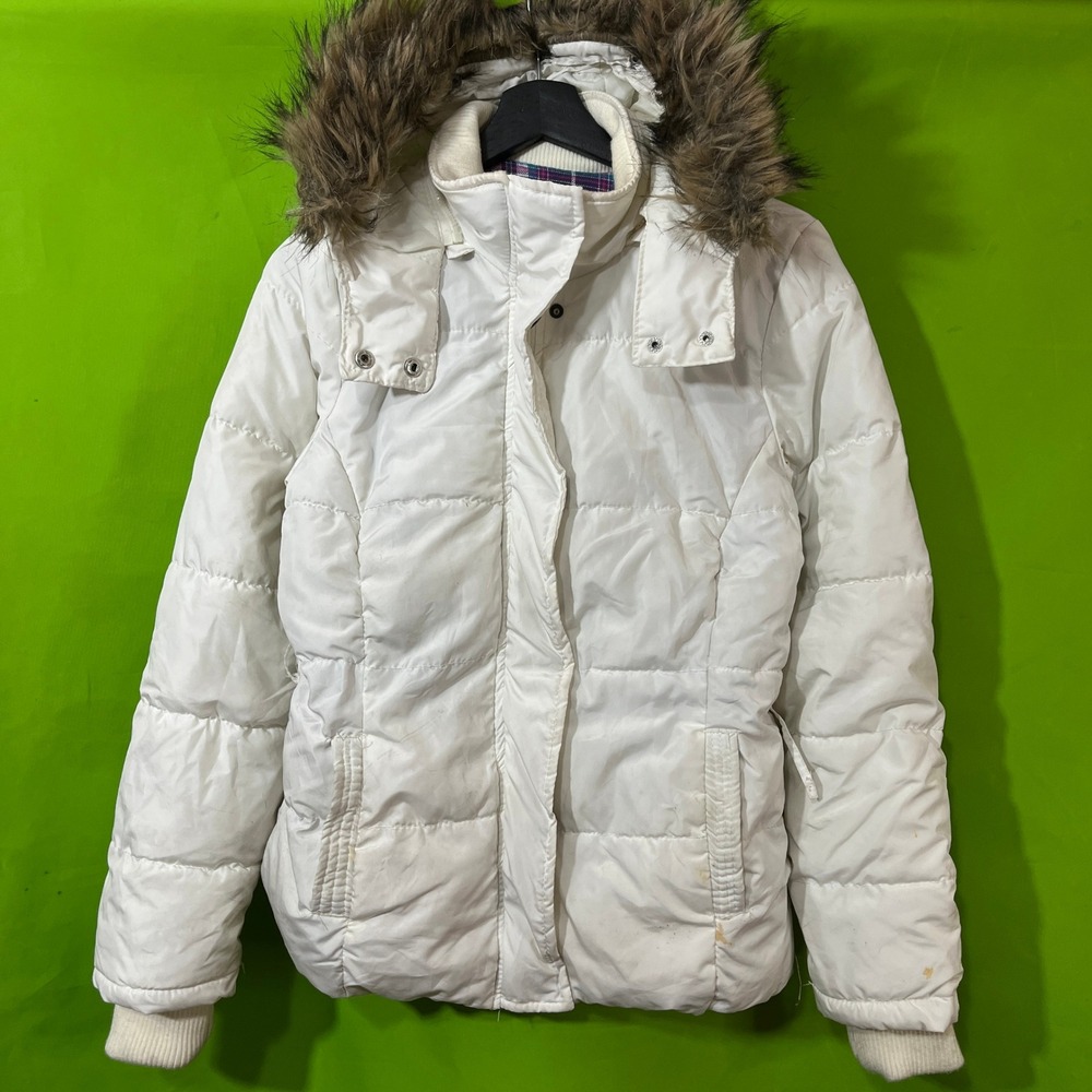 FLAWED Aeropostale Womens White Puffer Jacket Faux Fur Hood Plaid Lining Size M
